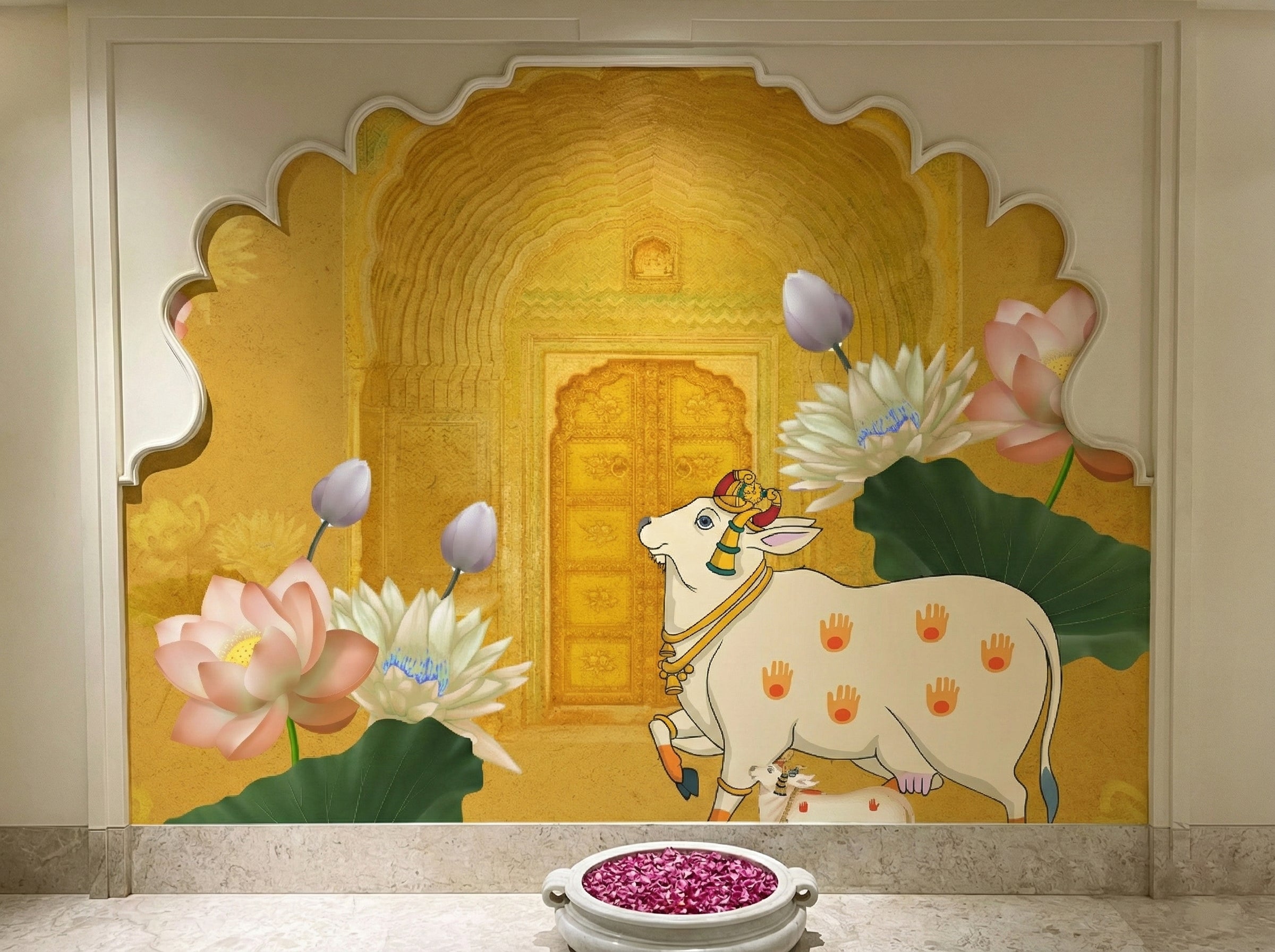 Golden Pichwai wallpaper with sacred cow and lotus