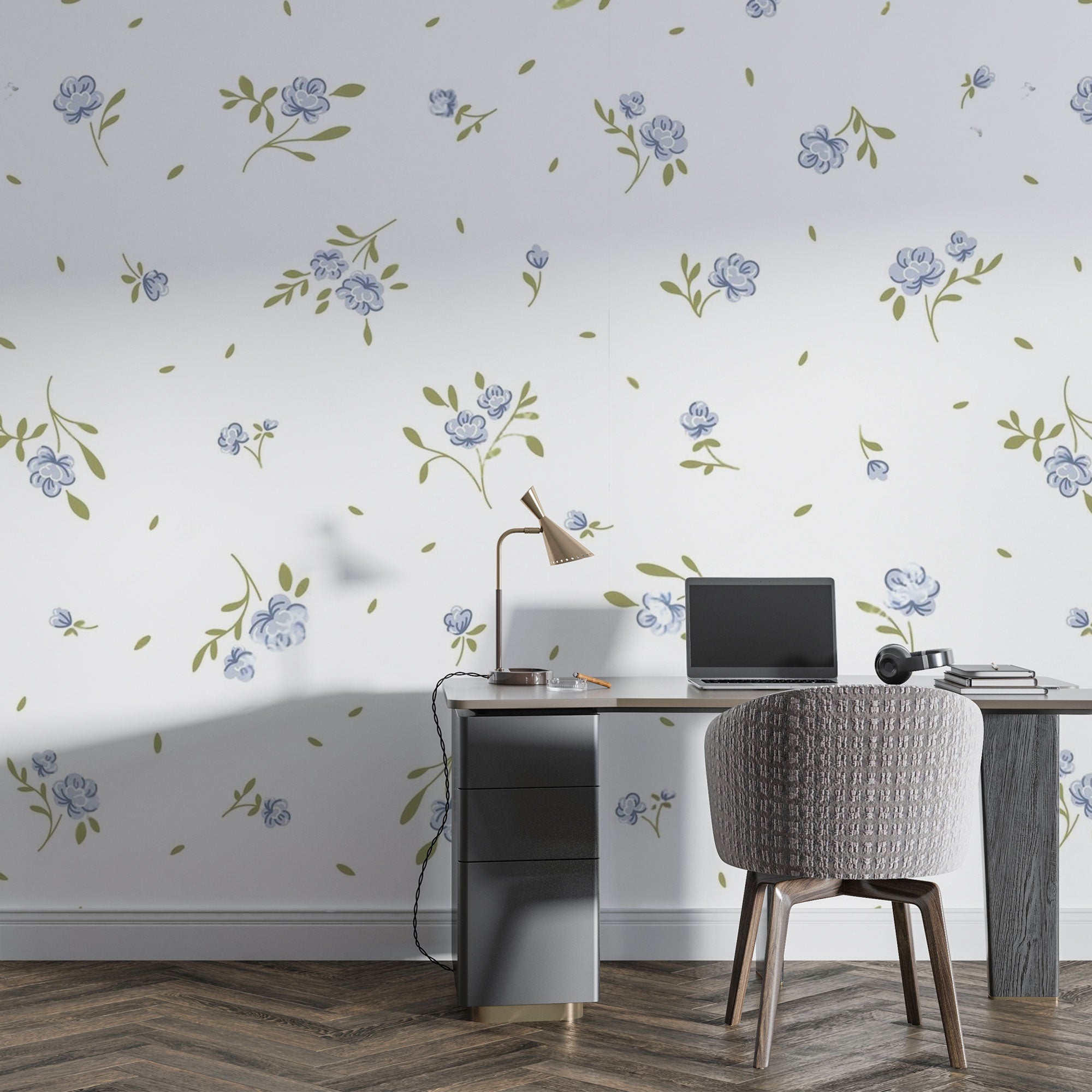 Whispers of Bloom – Minimal Blue Floral Wallpaper.