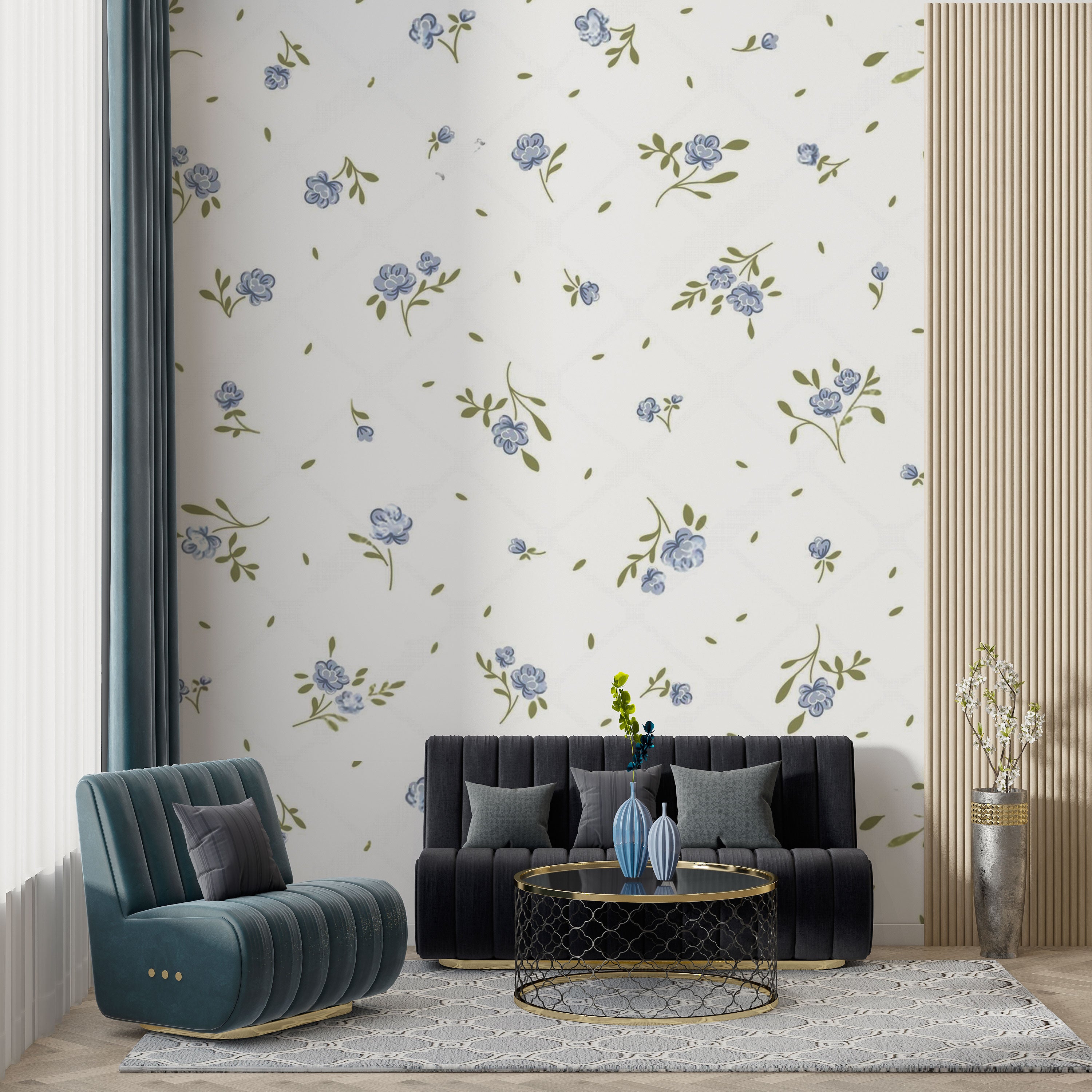 Whispers of Bloom – Minimal Blue Floral Wallpaper.