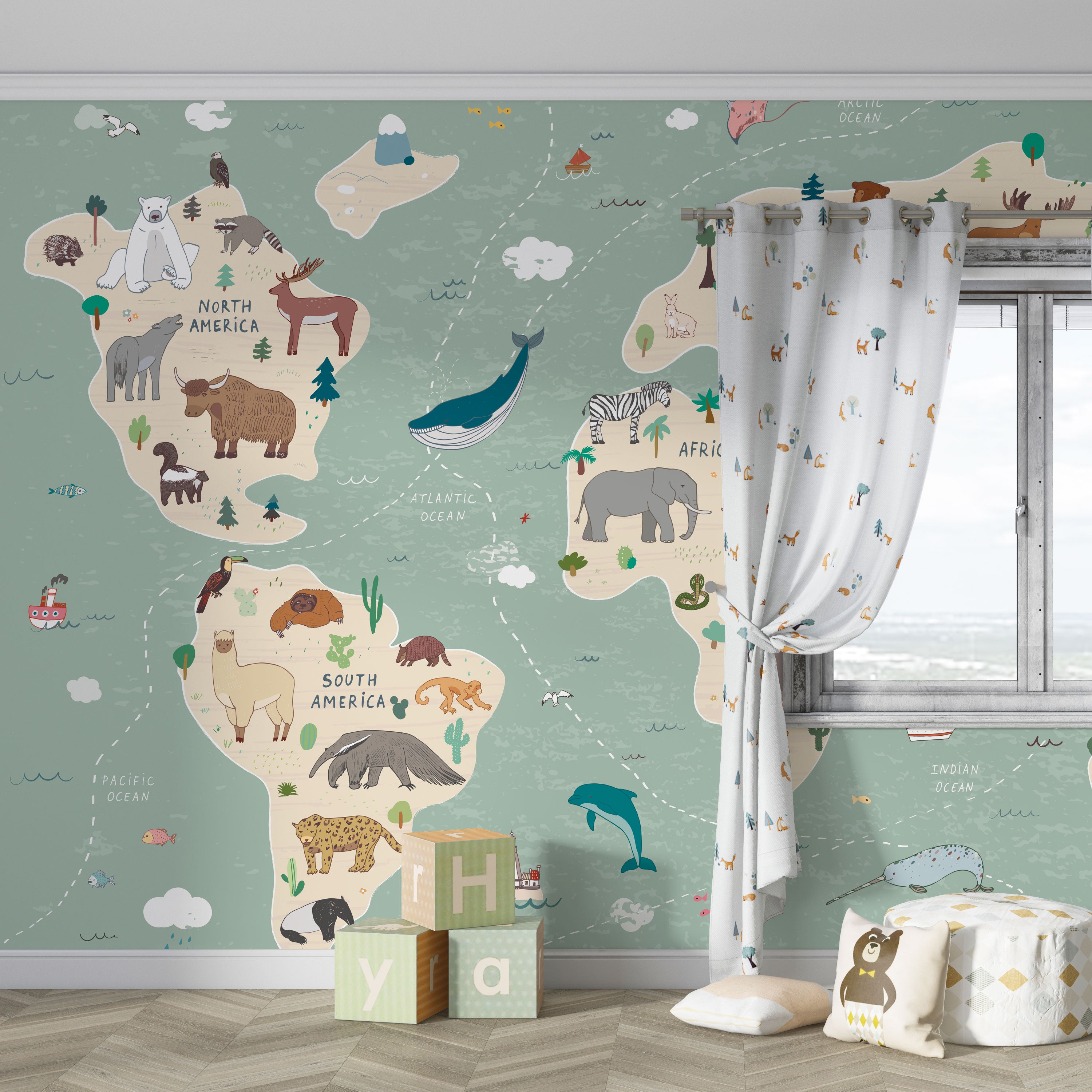 Adventure Animals World Map Kids Wallpaper