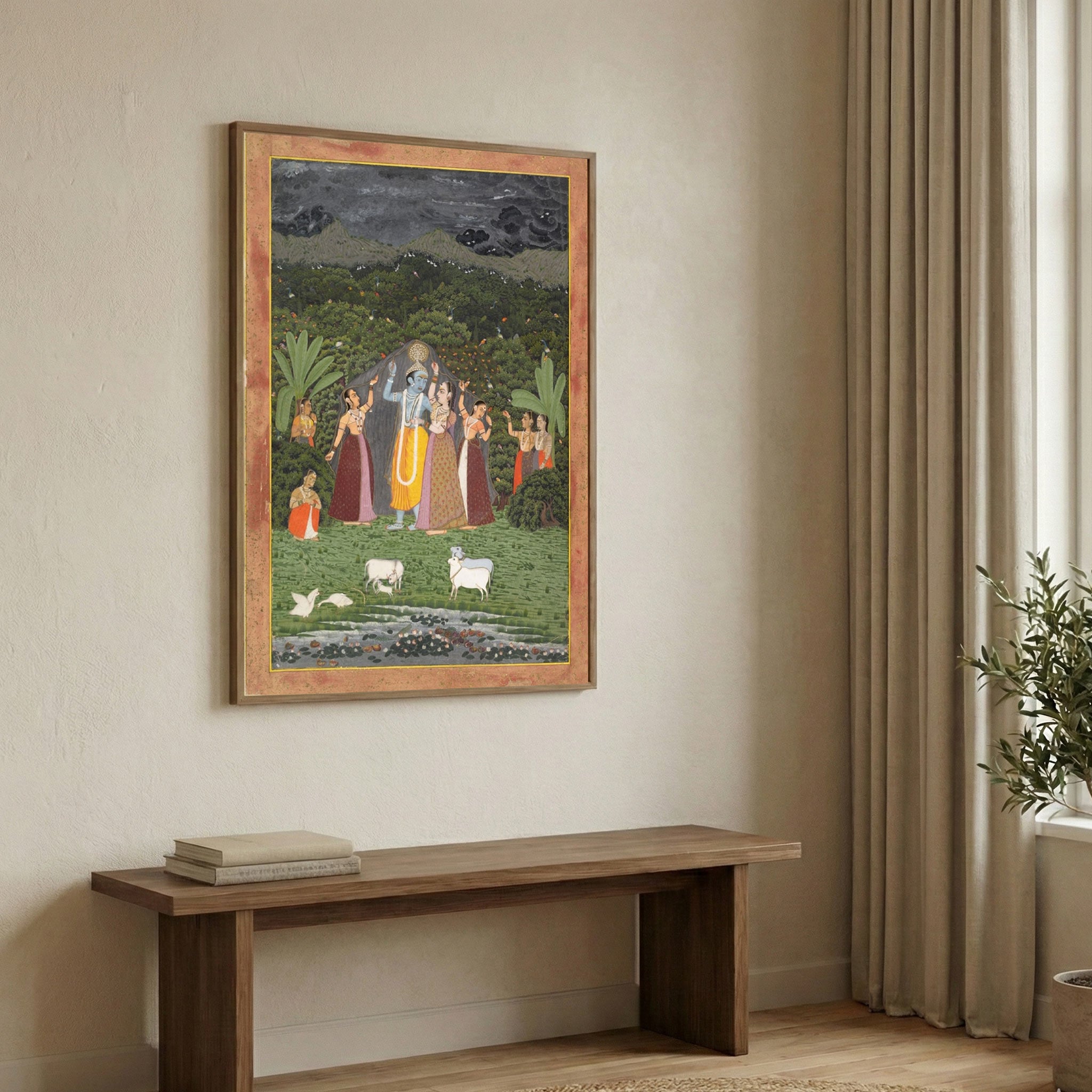 Handmade Krishna and the Gopis Take Shelter from the Rain | 3x4 Ft Sacred Indian Art