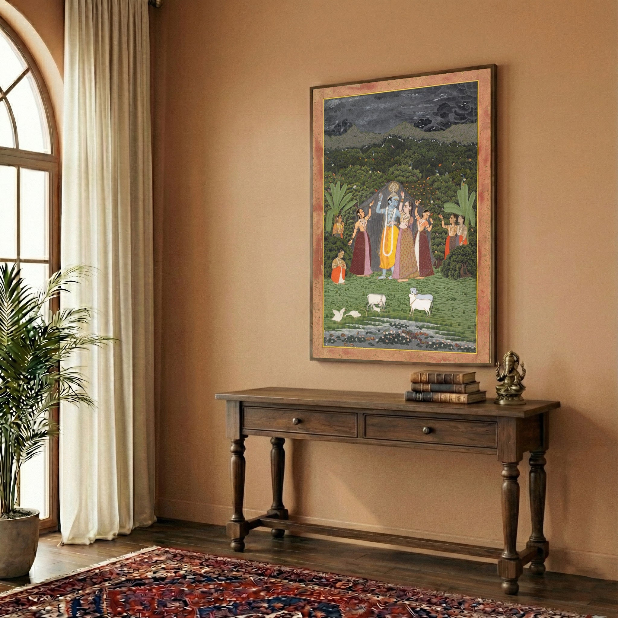 Krishna and the Gopis Take Shelter from the Rain – Traditional Indian Painting