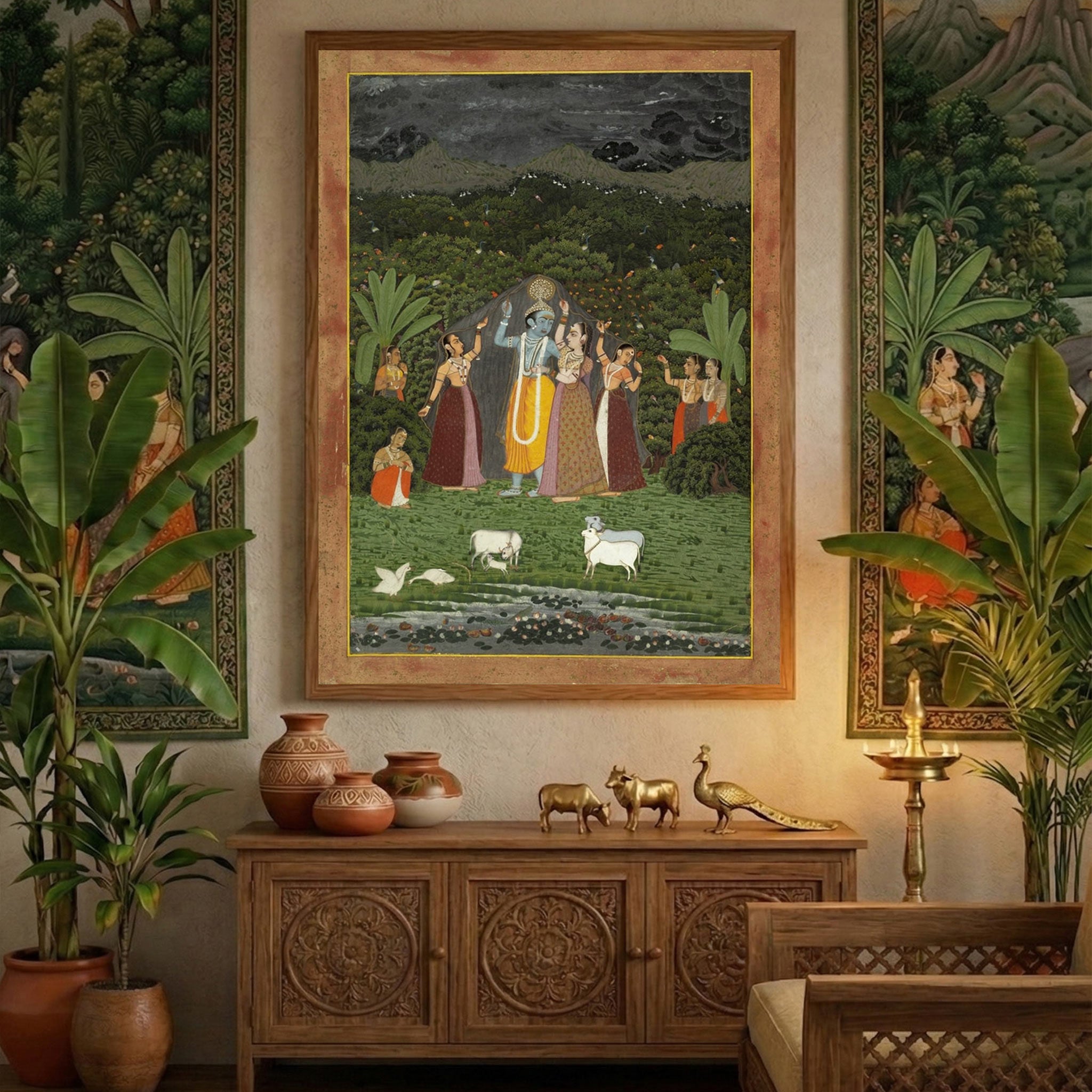 Krishna and the Gopis Take Shelter from the Rain – Traditional Indian Painting