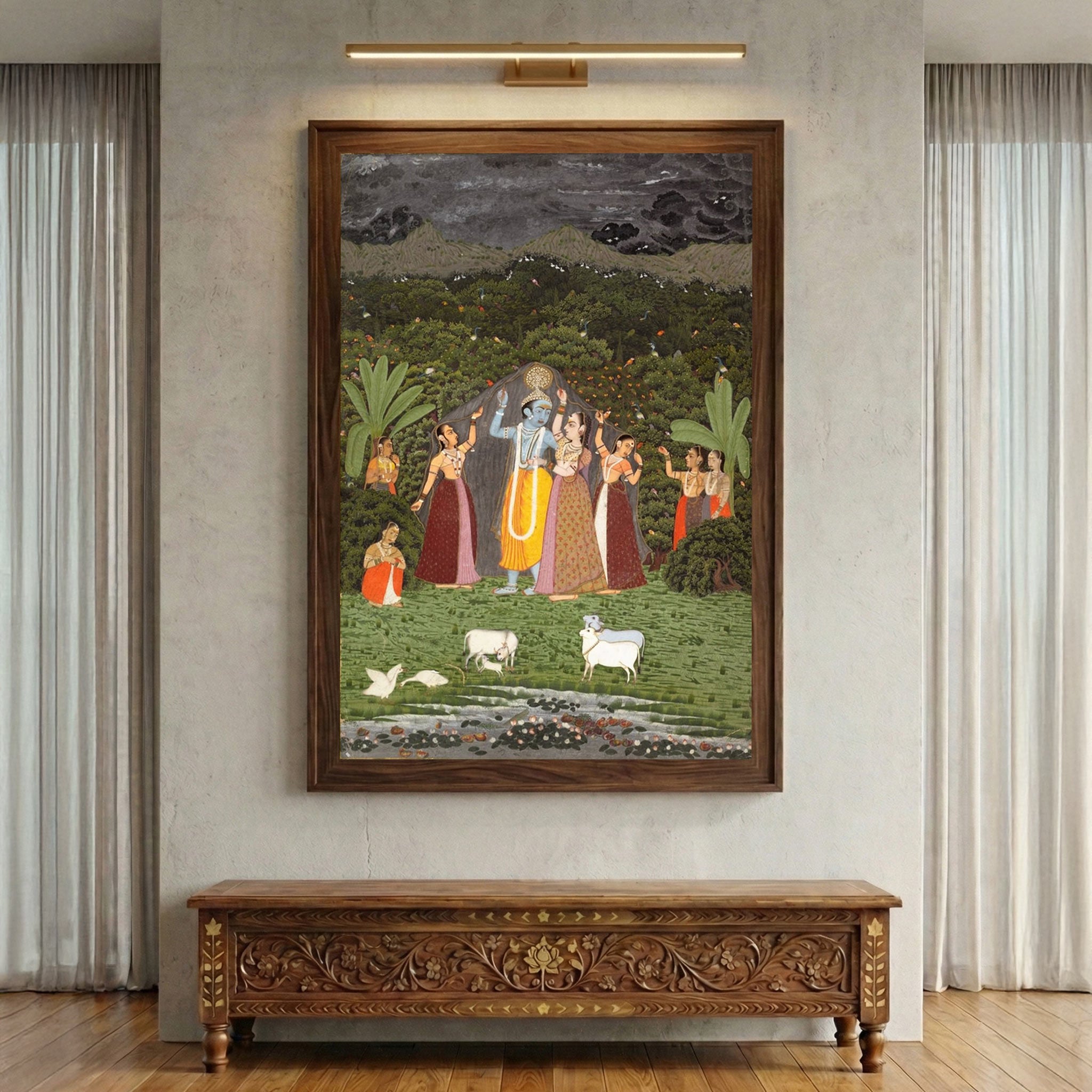 Krishna and the Gopis Take Shelter from the Rain – Traditional Indian Painting