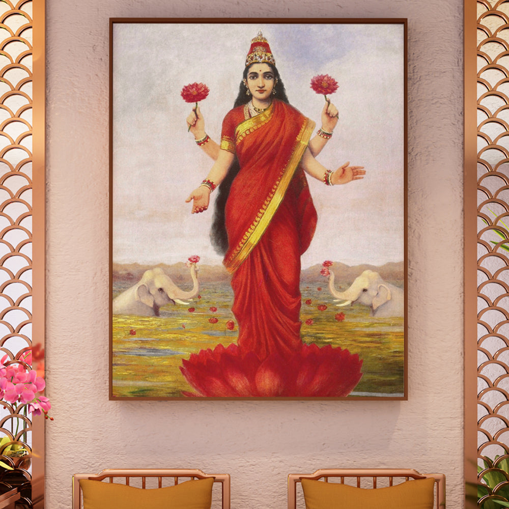 Gaja Lakshmi Painting by Krutik – Lakshmi on Lotus with Elephants