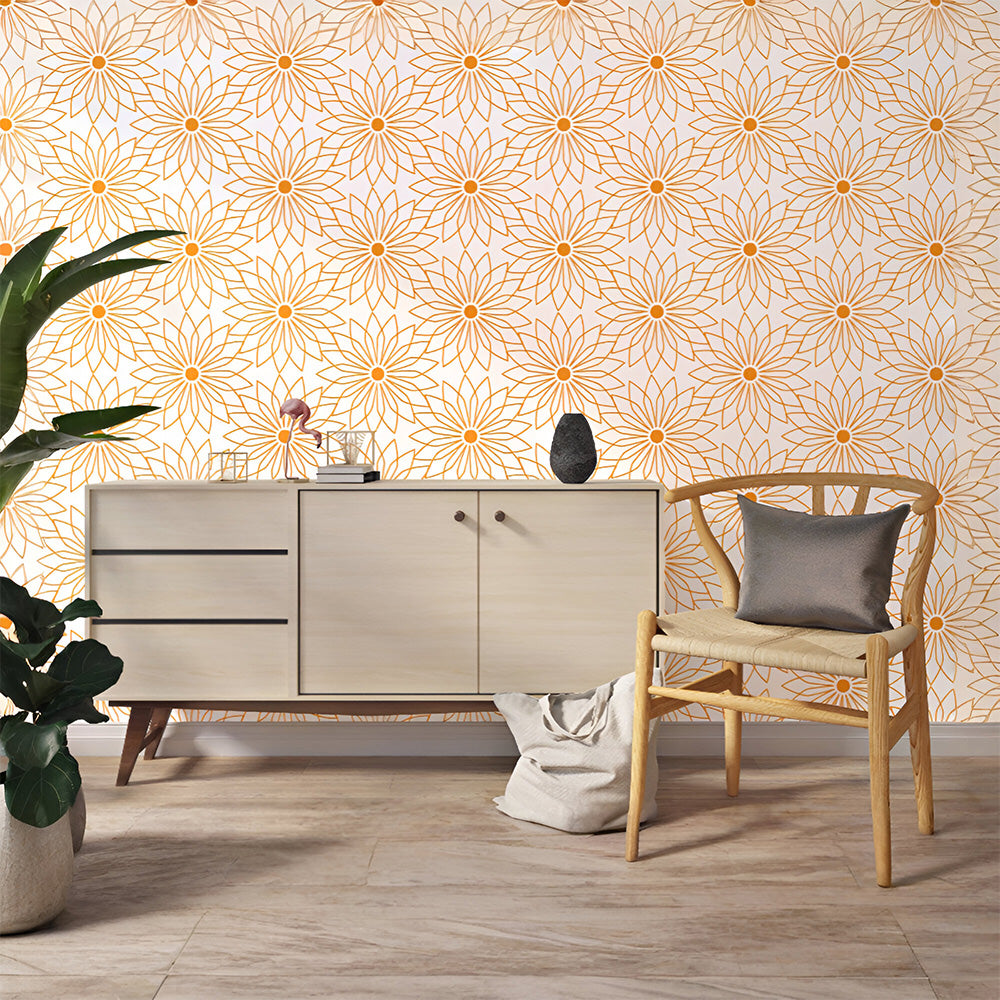 Orange Line Art Floral Wallpaper | Subtle Elegance.