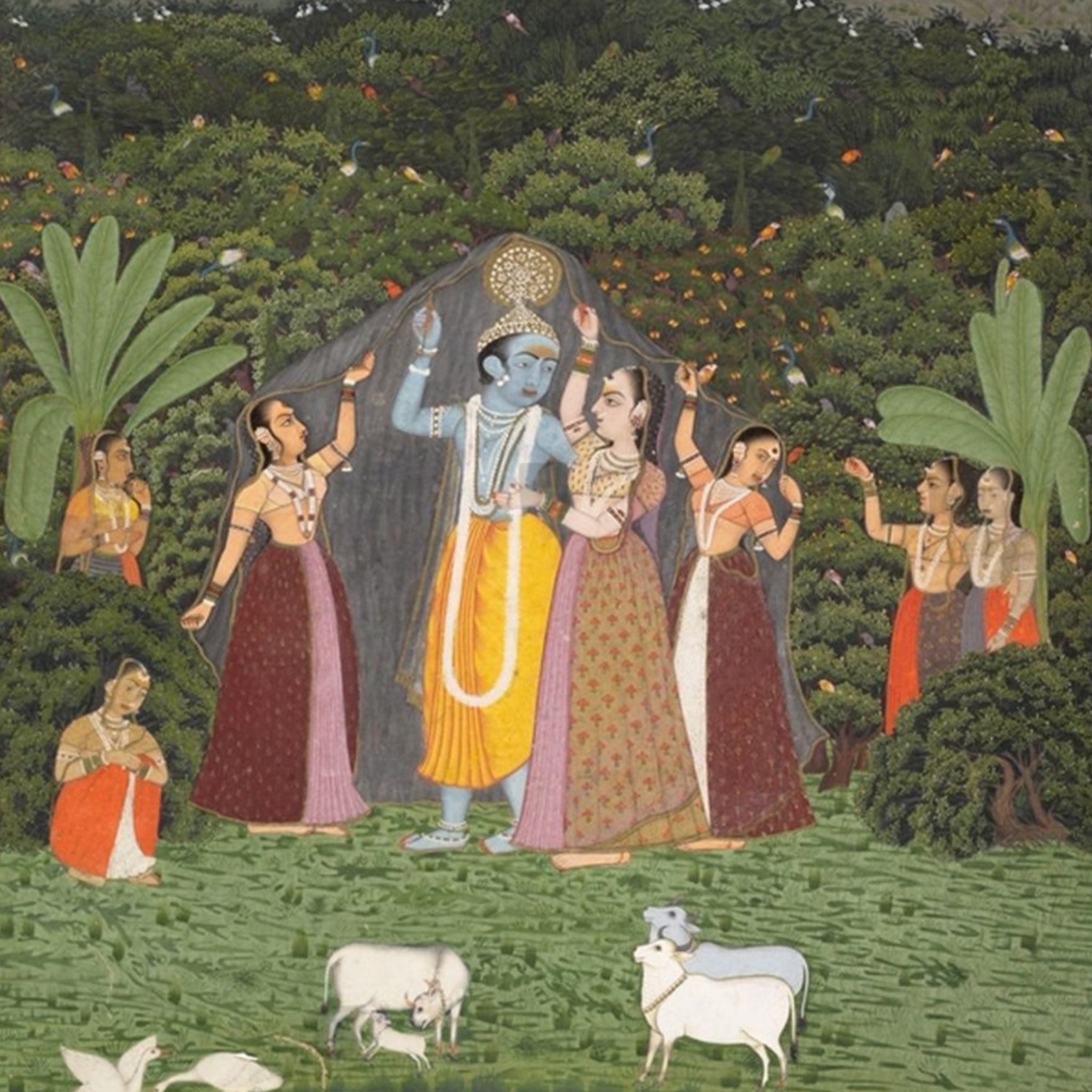 Krishna and the Gopis Take Shelter from the Rain – Traditional Indian Painting