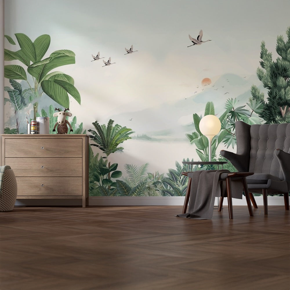 Vintage Garden Wallpaper Home Decor | Vintage Bird and garden Green painting Wall Decor | Peel and Stick Living room wallpaper