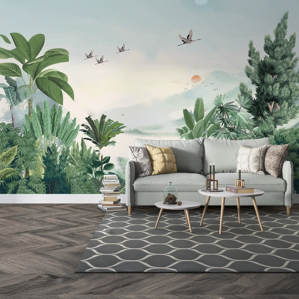 Vintage Garden Wallpaper Home Decor | Vintage Bird and garden Green painting Wall Decor | Peel and Stick Living room wallpaper