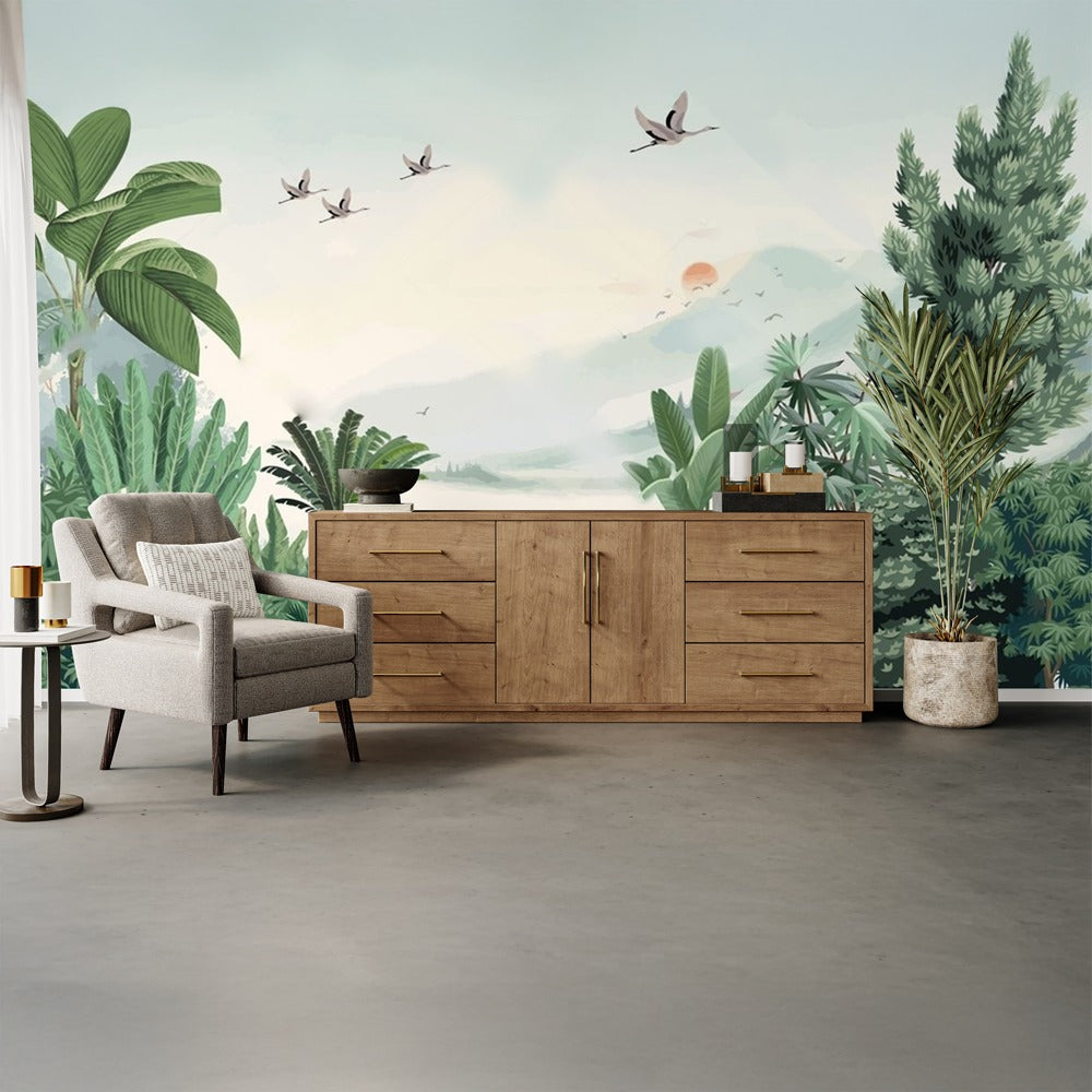 Vintage Garden Wallpaper Home Decor | Vintage Bird and garden Green painting Wall Decor | Peel and Stick Living room wallpaper
