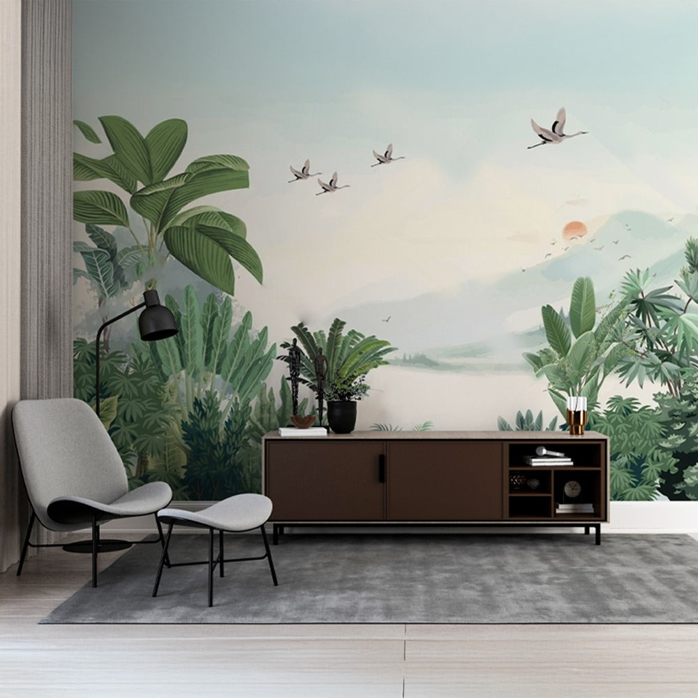 Vintage Garden Wallpaper Home Decor | Vintage Bird and garden Green painting Wall Decor | Peel and Stick Living room wallpaper