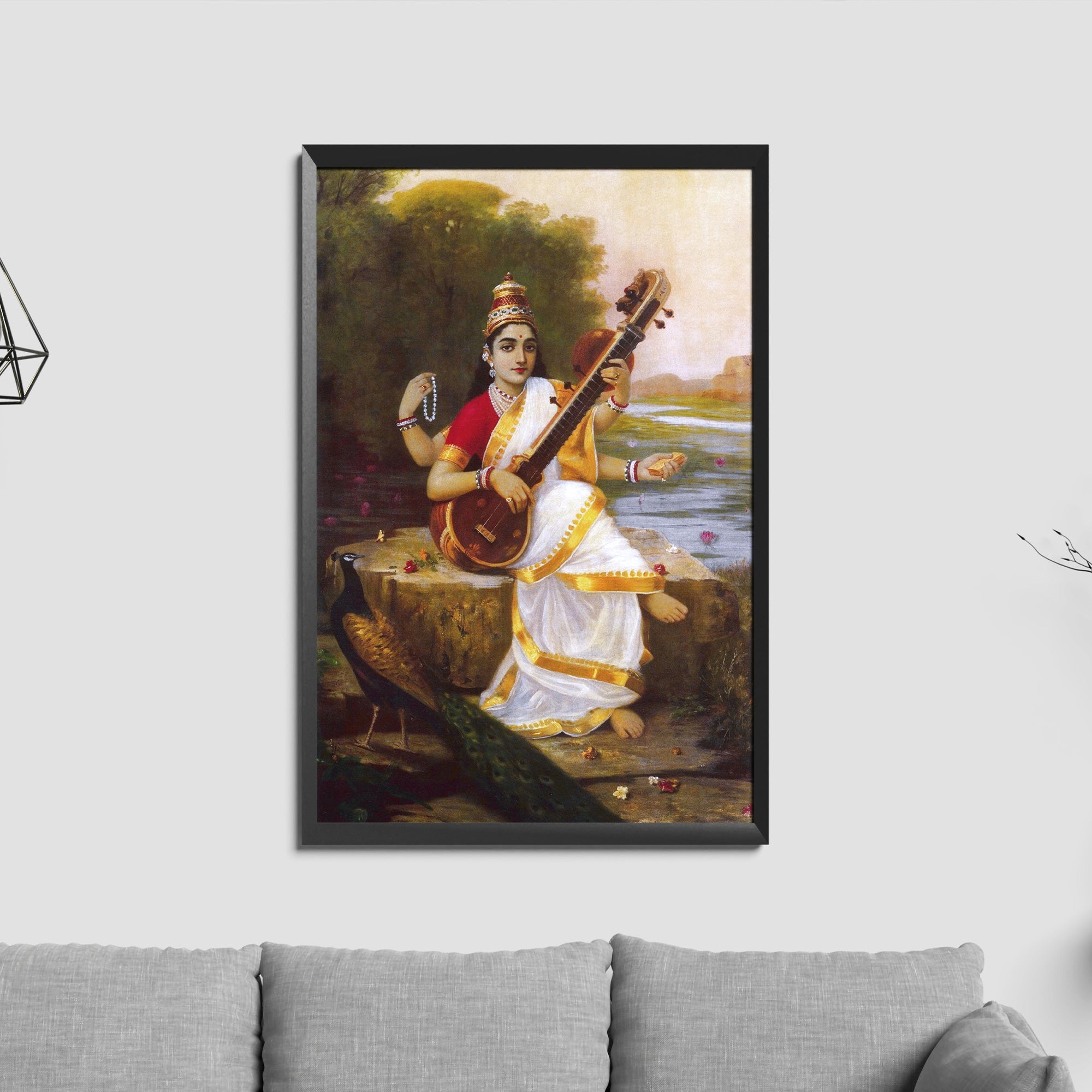 Raja Ravi Varma | Maa Saraswati Veena Wall Art Painting | Indian Spiritual Wall Decor | Krutik