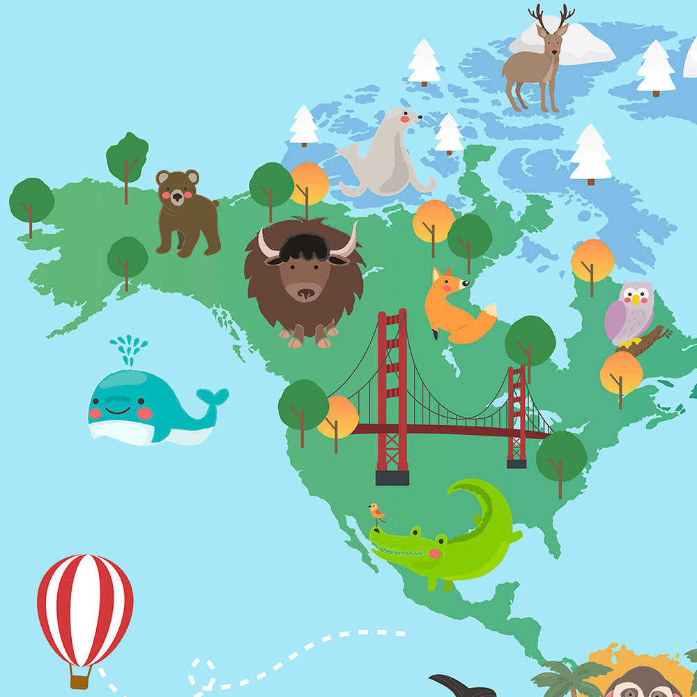 Adventurous Animal World Map – Educational Kids Wallpaper