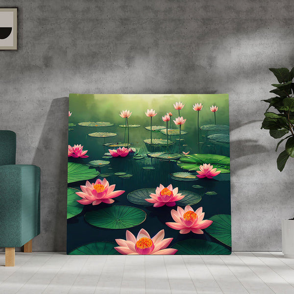 Vibrant Painting of Lotus in a Pond.