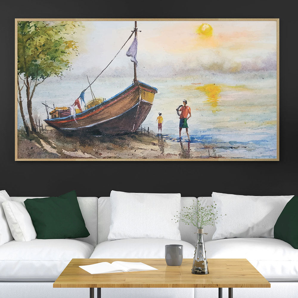 Solitude by the seashore: A man and his boat at sunset.
