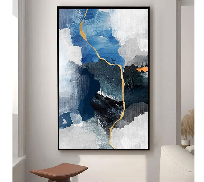 Golden Drift – Blue & Grey Modern Abstract Art by Krutik.