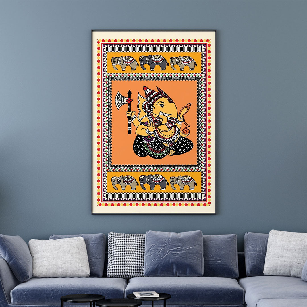 Elephant Blessings – Madhubani Ganesha Canvas.