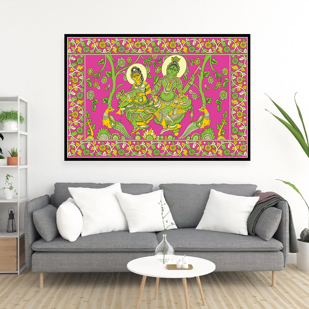 Radha Krishna in Bloom – A Joyful Kalamkari Romance.