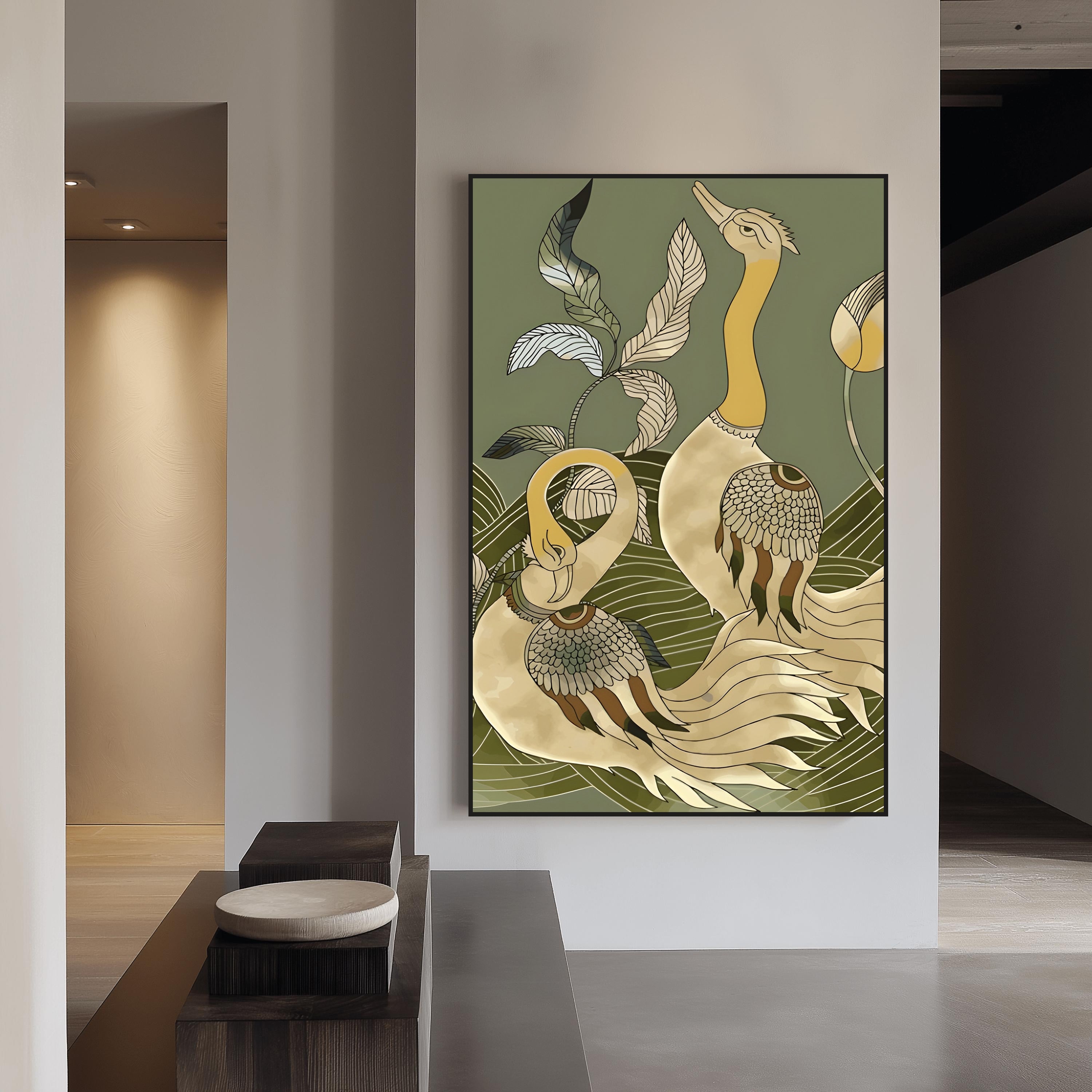 Pair of Kalamkari Peacock with Botanical Waves Painting by Krutik – Modern Art Deco Nature Wall Art