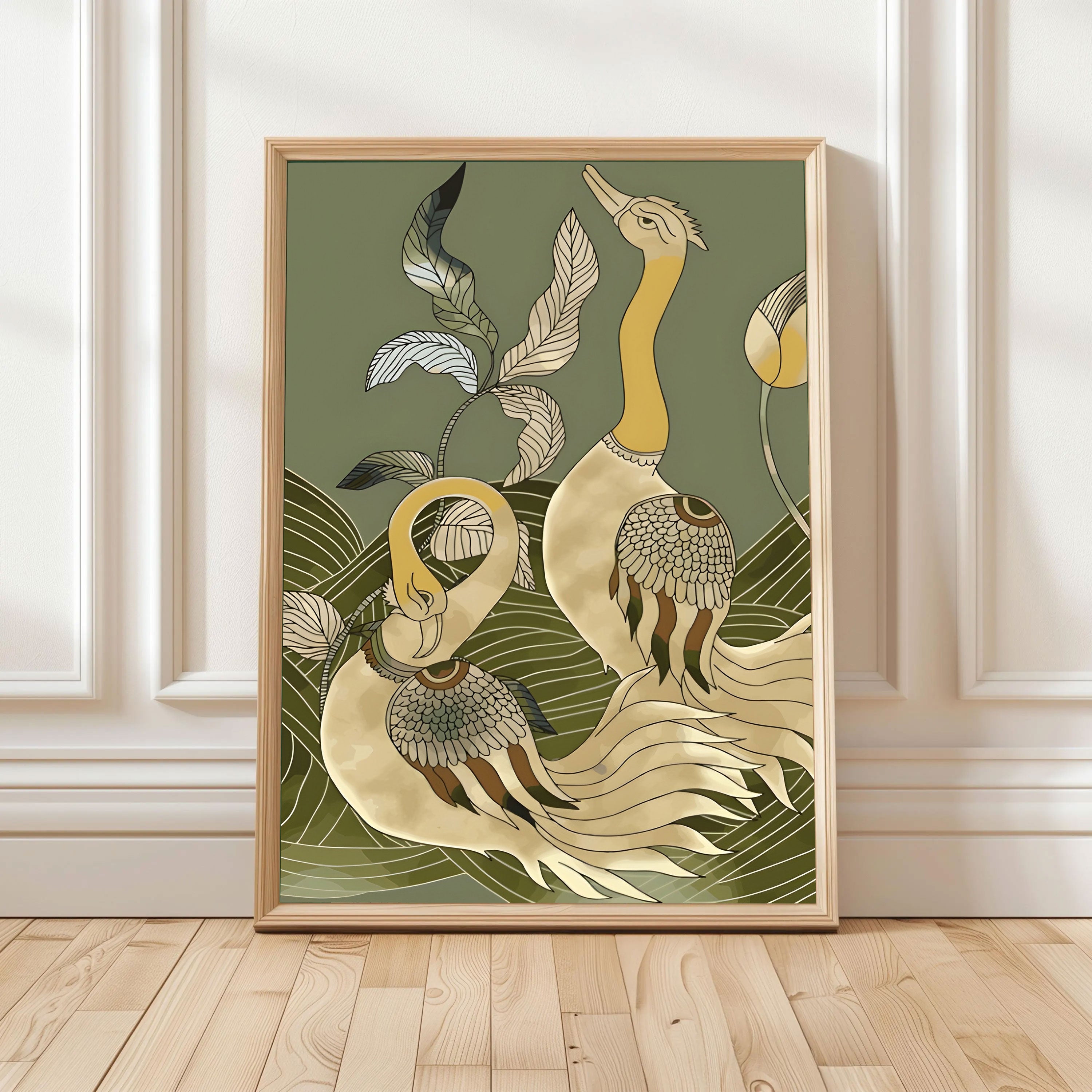 Pair of Kalamkari Peacock with Botanical Waves Painting by Krutik – Modern Art Deco Nature Wall Art