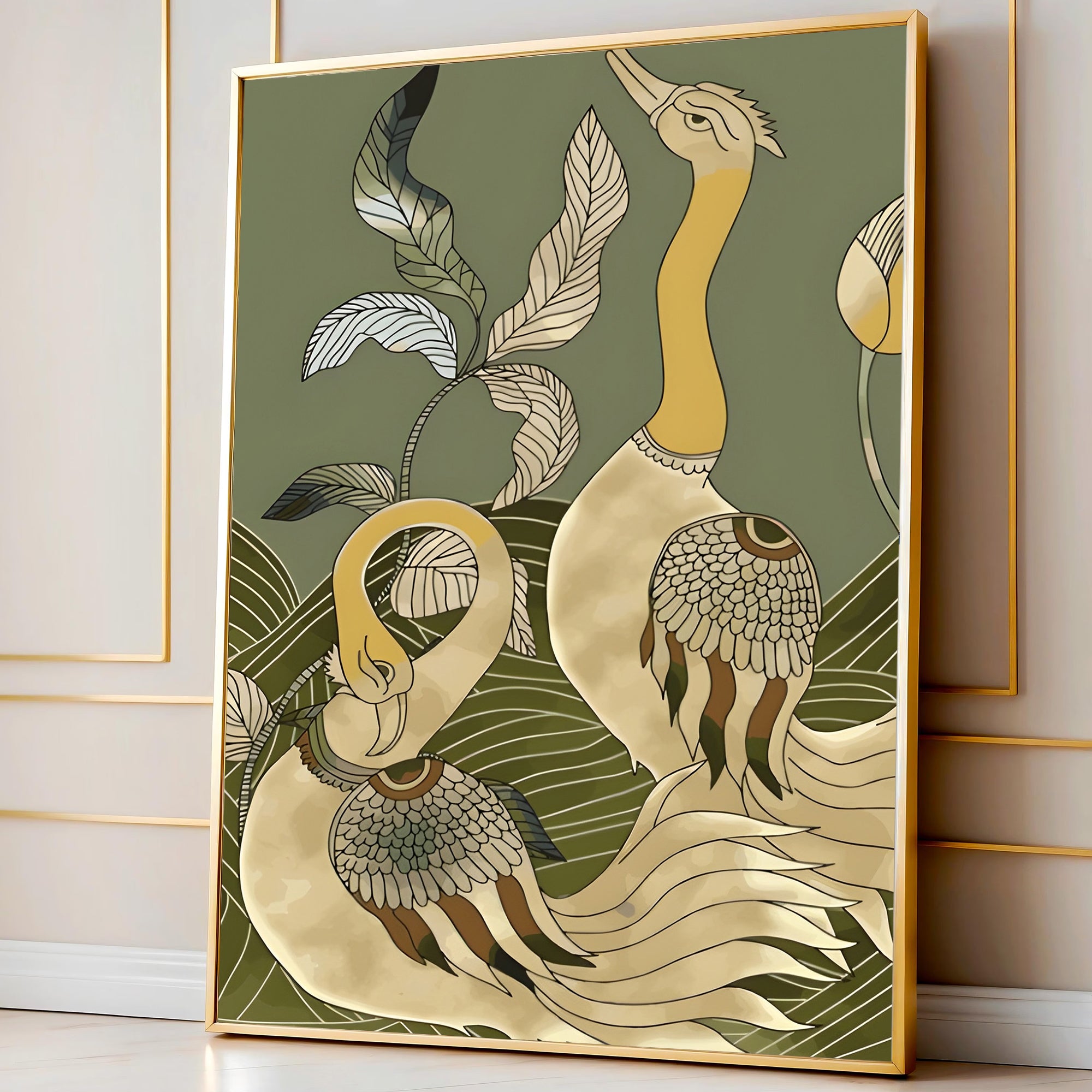 Pair of Kalamkari Peacock with Botanical Waves Painting by Krutik – Modern Art Deco Nature Wall Art