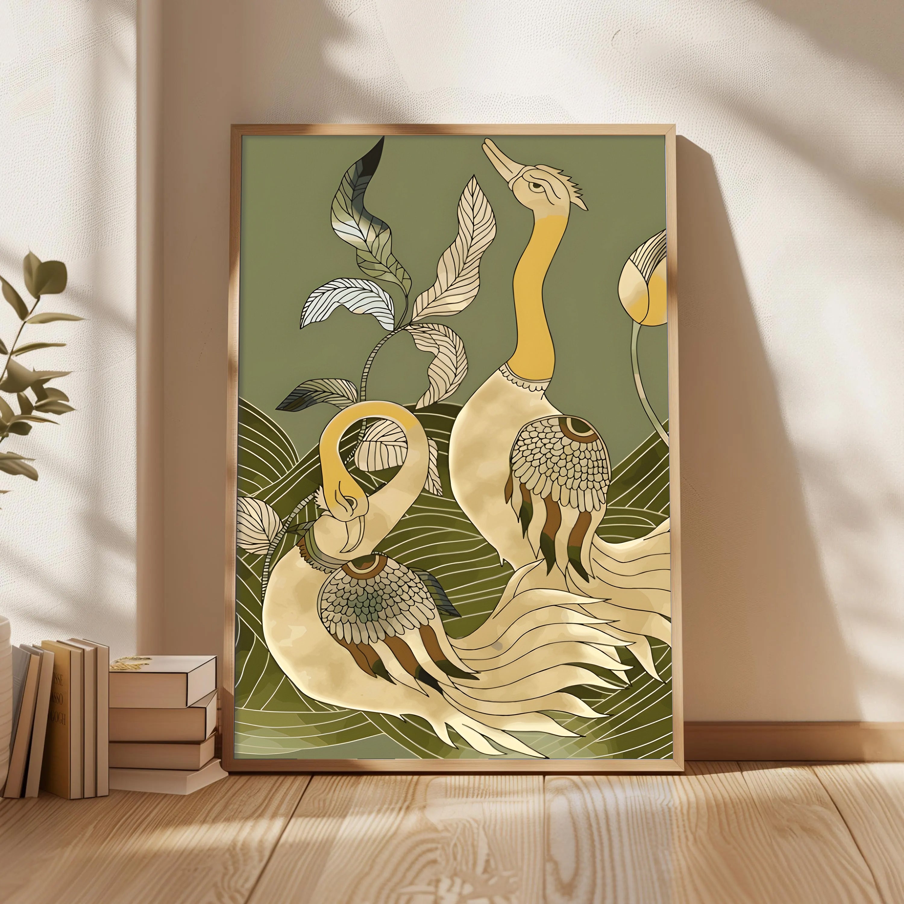 Pair of Kalamkari Peacock with Botanical Waves Painting by Krutik – Modern Art Deco Nature Wall Art