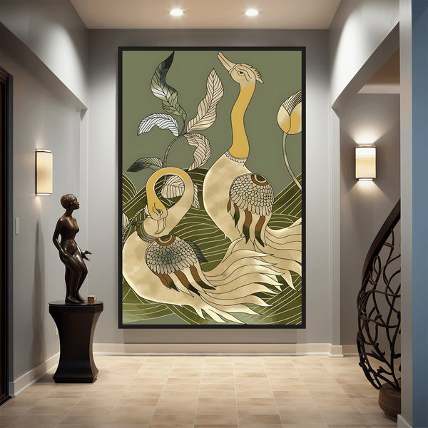 Pair of Kalamkari Peacock with Botanical Waves Painting by Krutik – Modern Art Deco Nature Wall Art