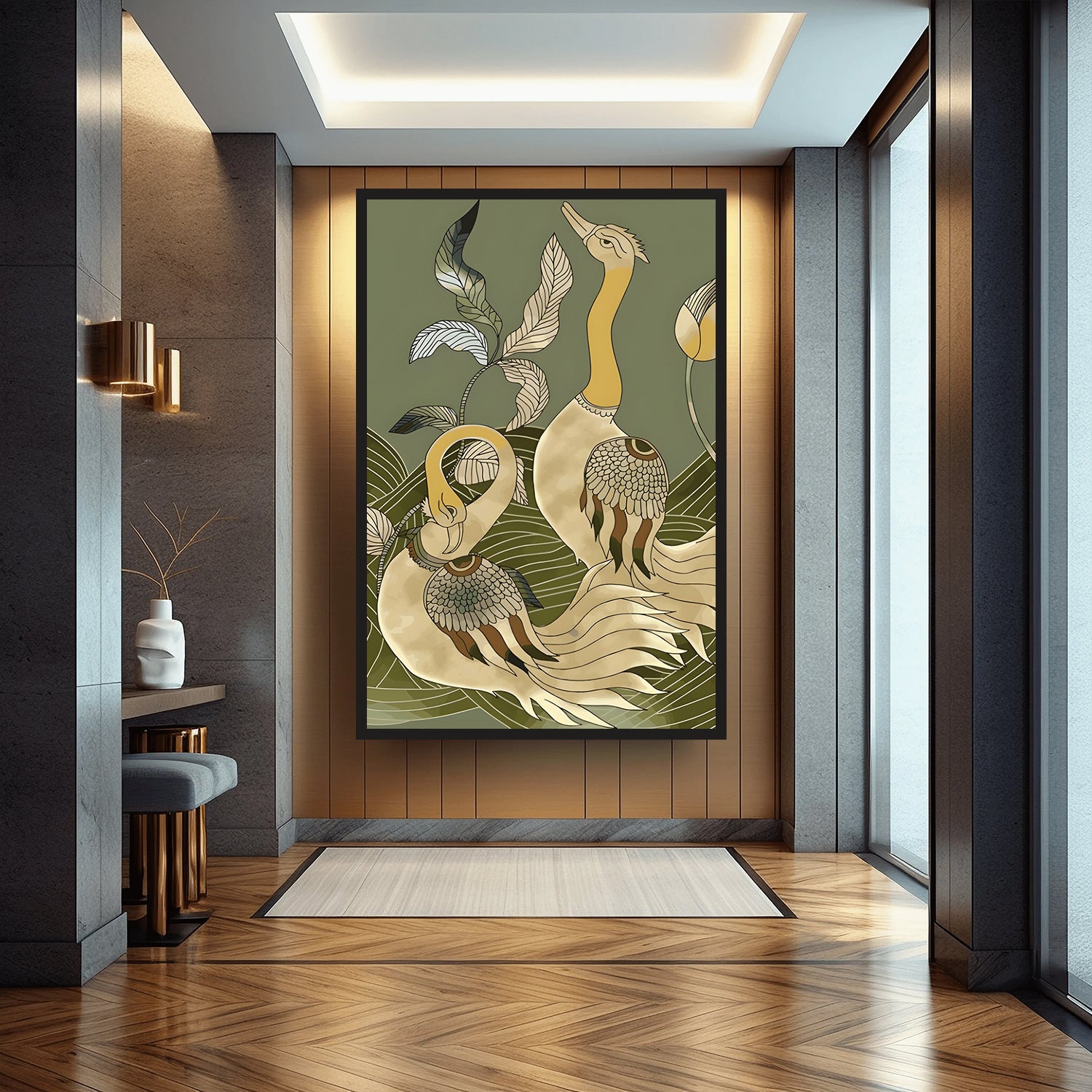 Pair of Kalamkari Peacock with Botanical Waves Painting by Krutik – Modern Art Deco Nature Wall Art