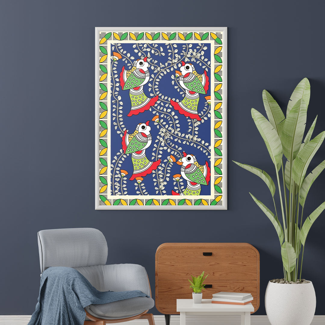 Chirpy Garden – Madhubani Birds Canvas.