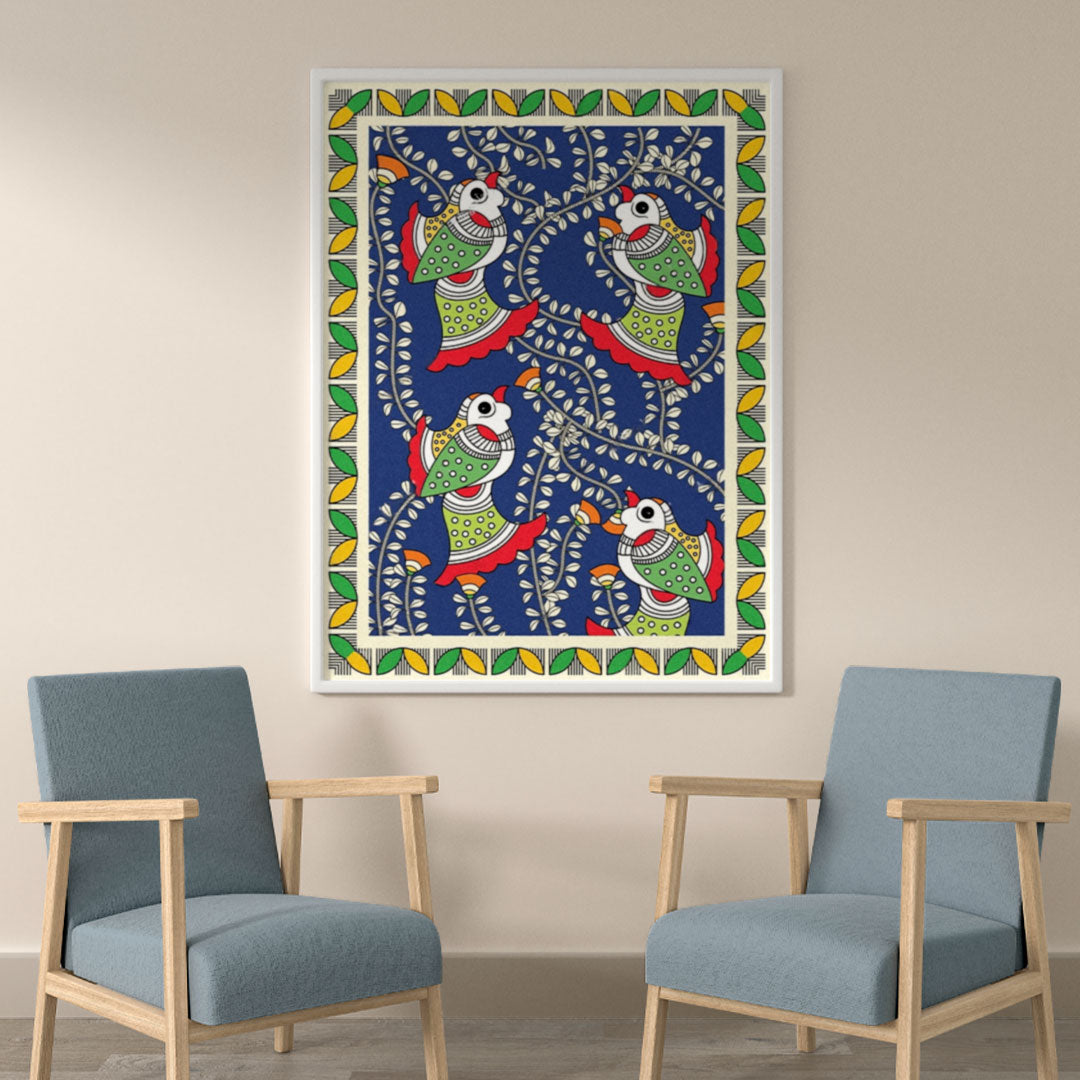 Chirpy Garden – Madhubani Birds Canvas.
