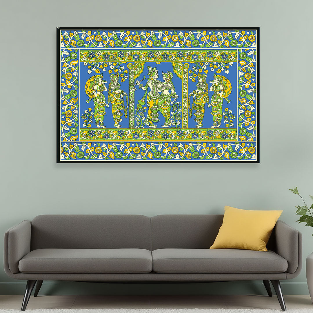 Krishna’s Dance with the Gopis – A Joyful Kalamkari Celebration.
