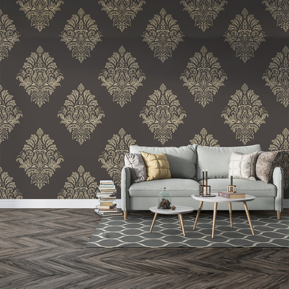Premium Brown with Golden Emboss Print Wallpaper