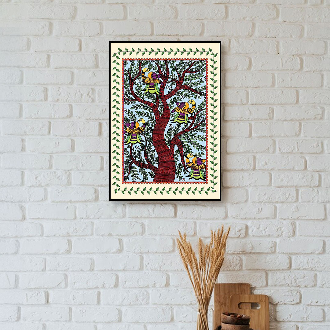 Whispers of the Forest – Madhubani Bird Canvas.