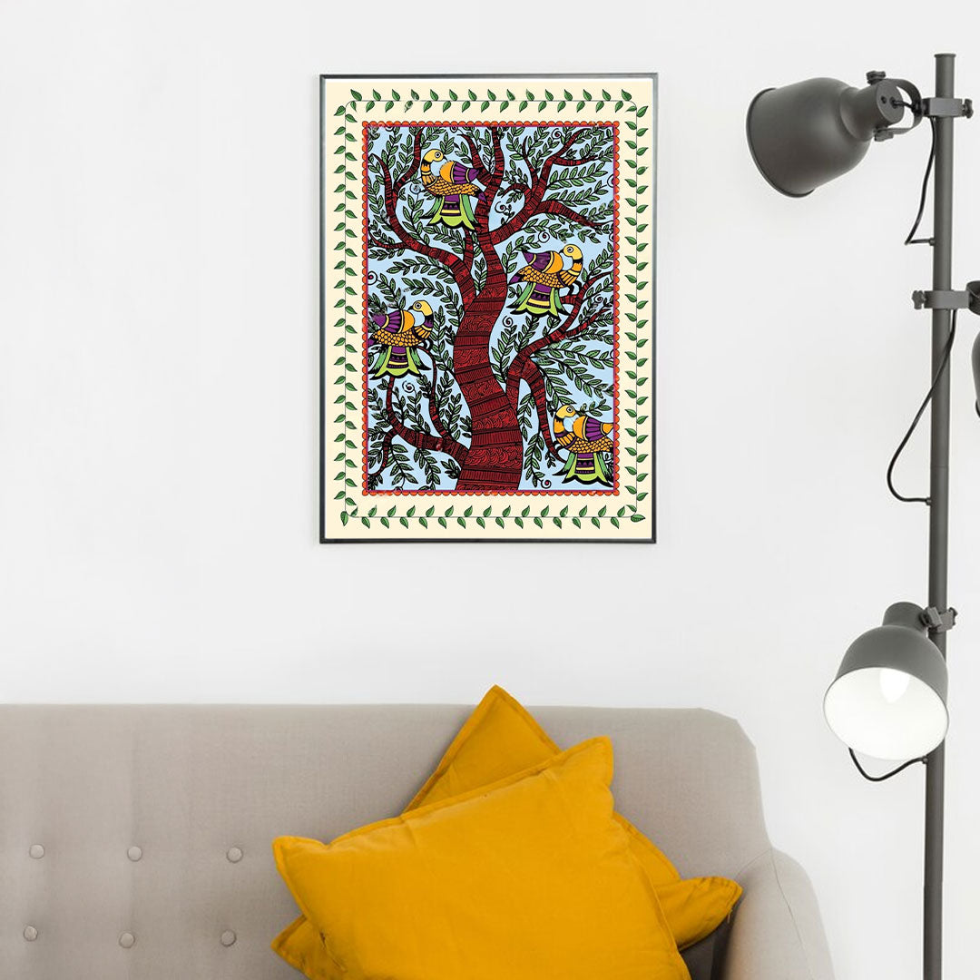Whispers of the Forest – Madhubani Bird Canvas.