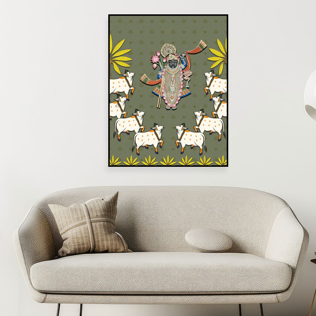 Krishna with His Cows – Nathdwara-Inspired Devotional Art.
