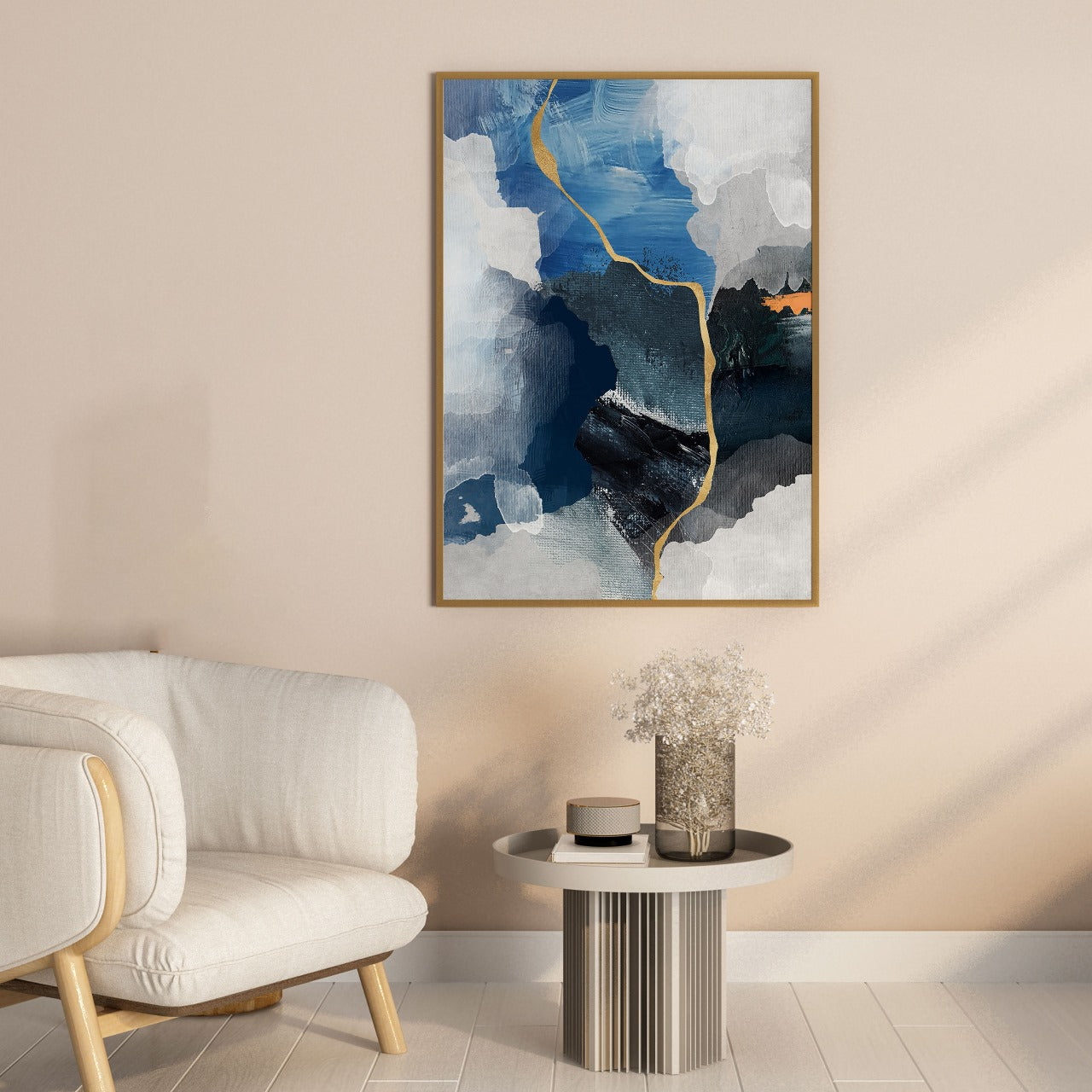 Golden Drift – Blue & Grey Modern Abstract Art by Krutik.