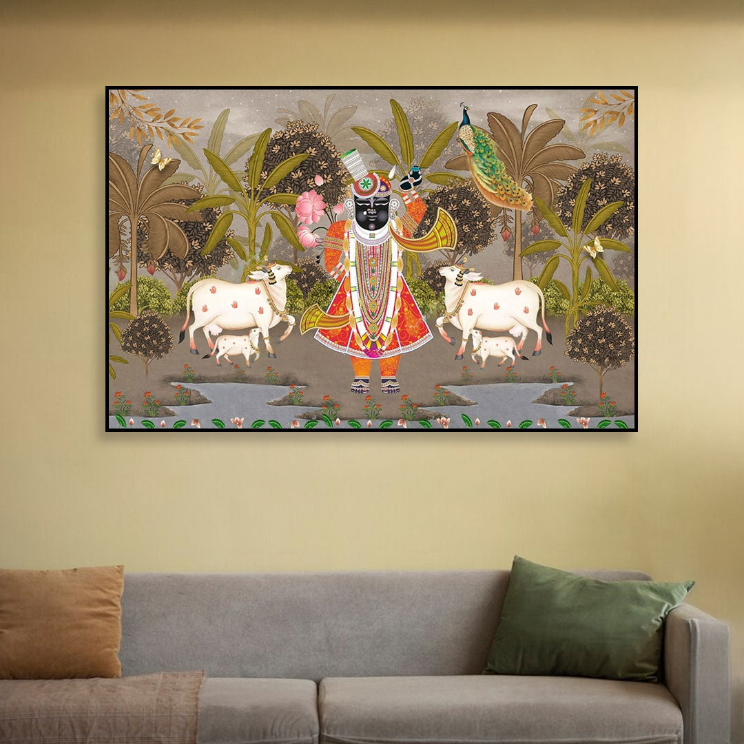 Divine Meadows – Shrinathji & Cows Pichwai Art.