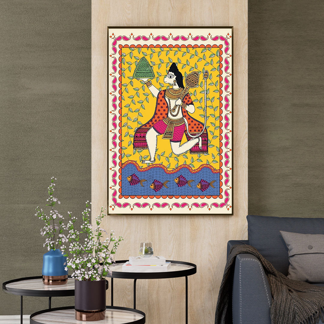 Mountain Bearer – Hanuman Madhubani Canvas.