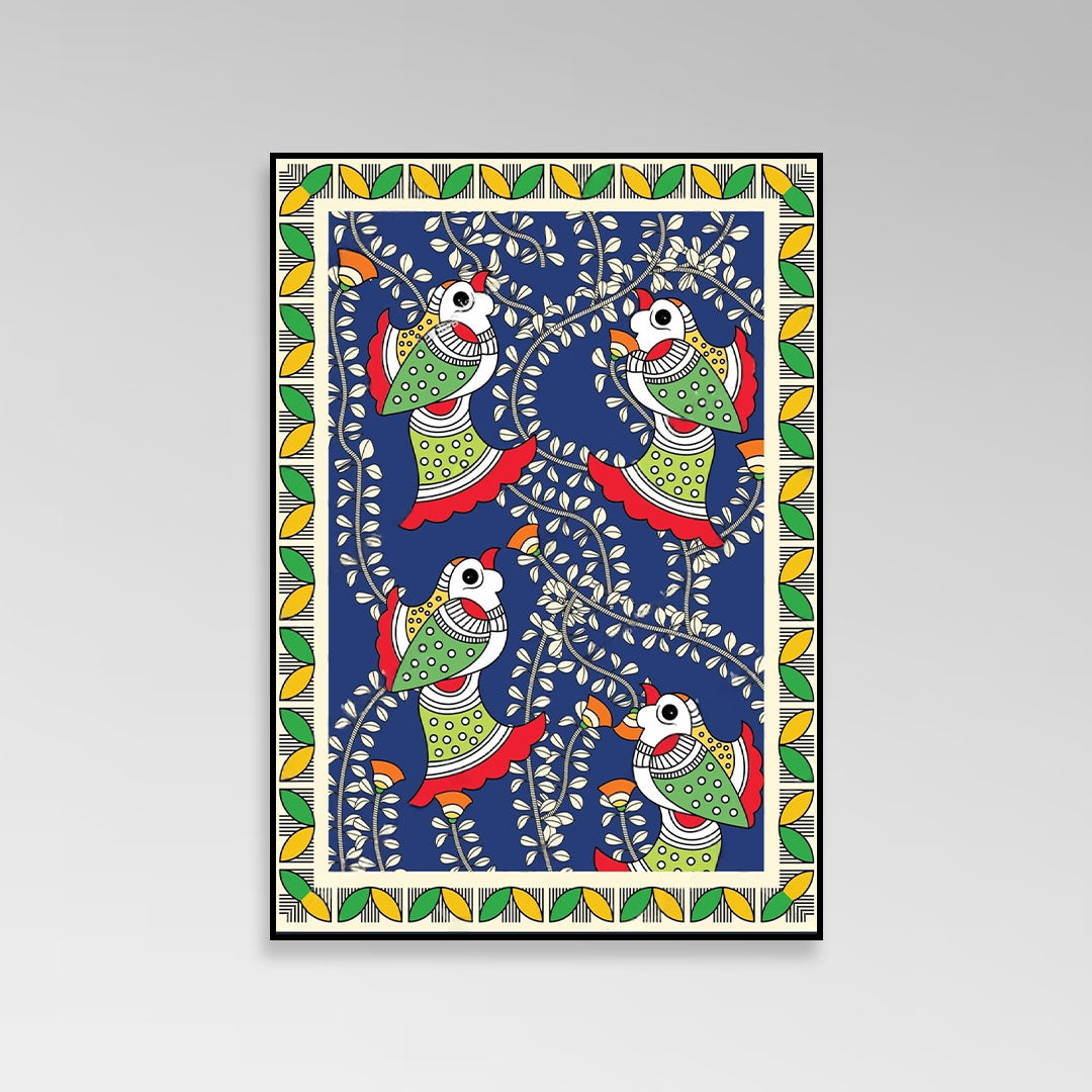 Chirpy Garden – Madhubani Birds Canvas.