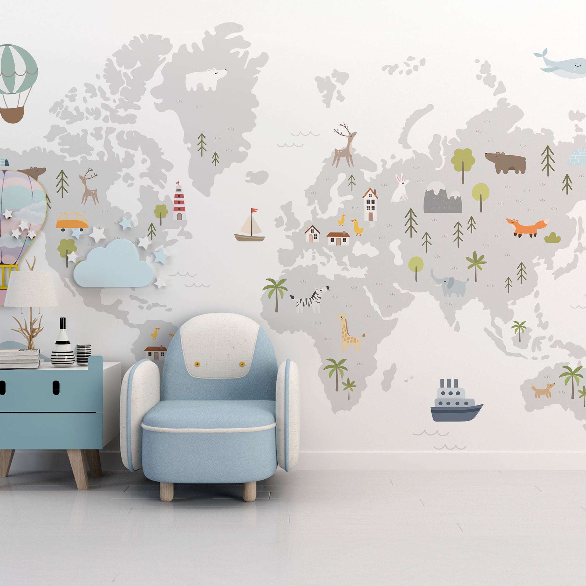 Minimal Explorer – World Map Wallpaper with Animals & Icons.