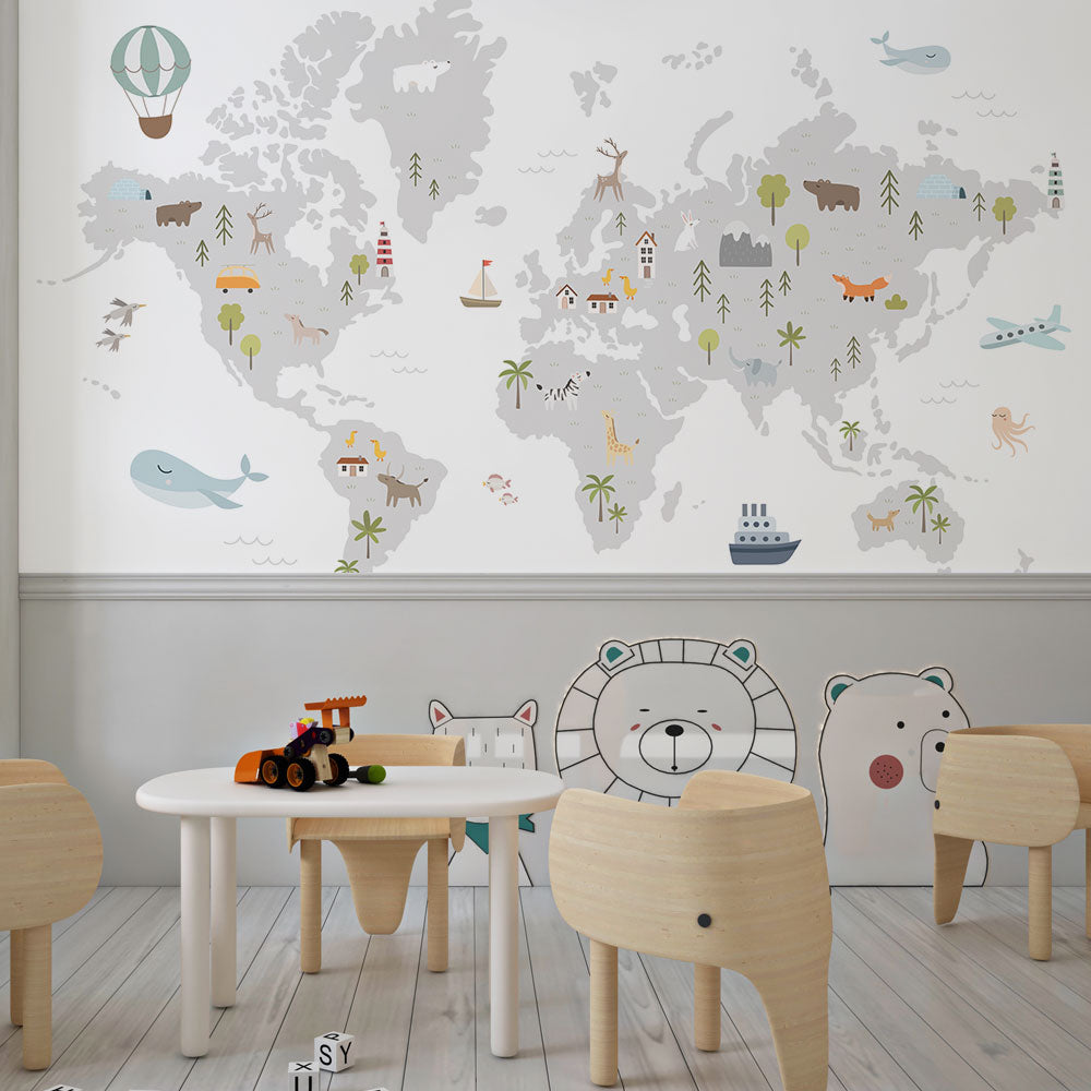 Minimal Explorer – World Map Wallpaper with Animals & Icons.