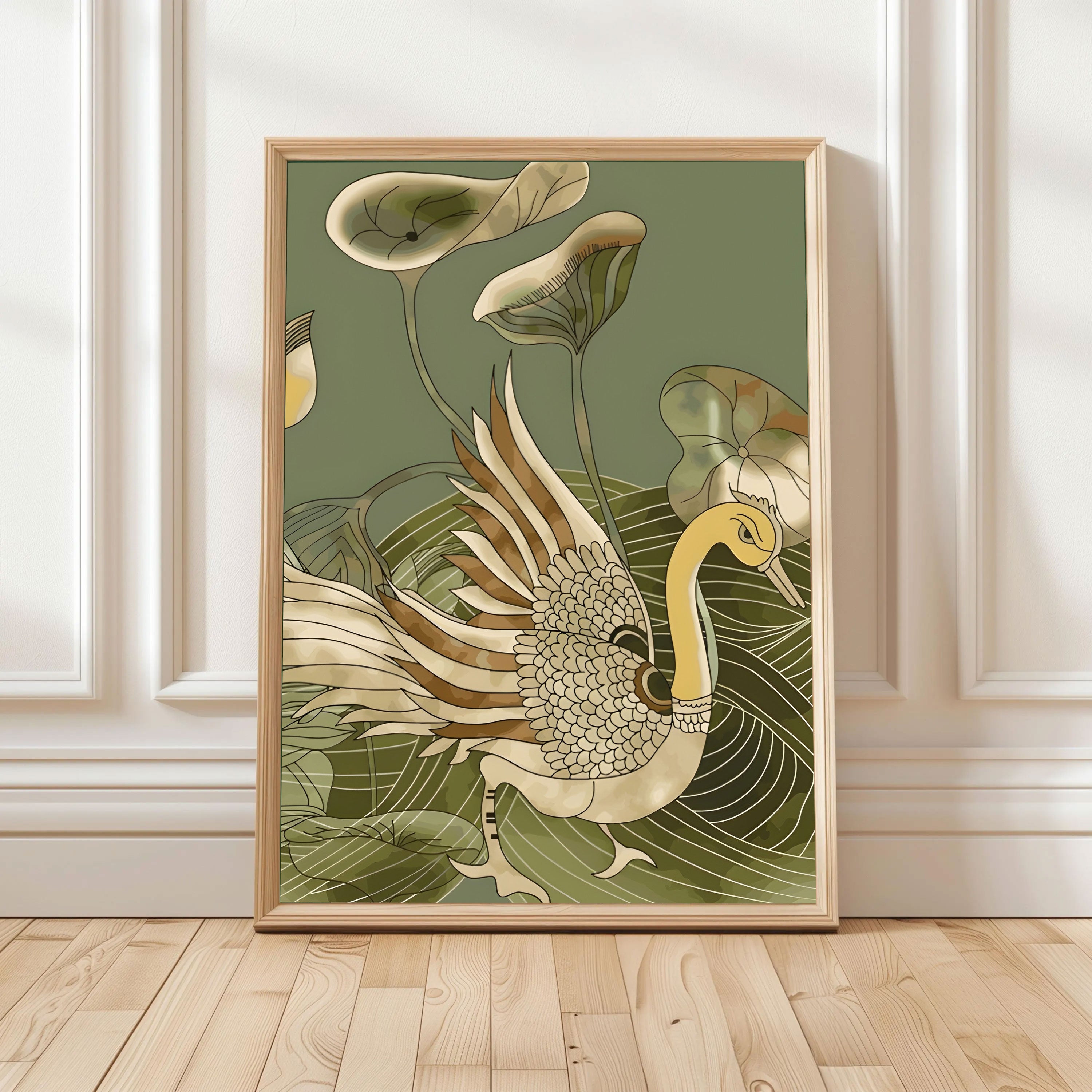 Kalamkari Peacock with Lotus Leaves  by Krutik – Modern Art Deco Nature Wall Art