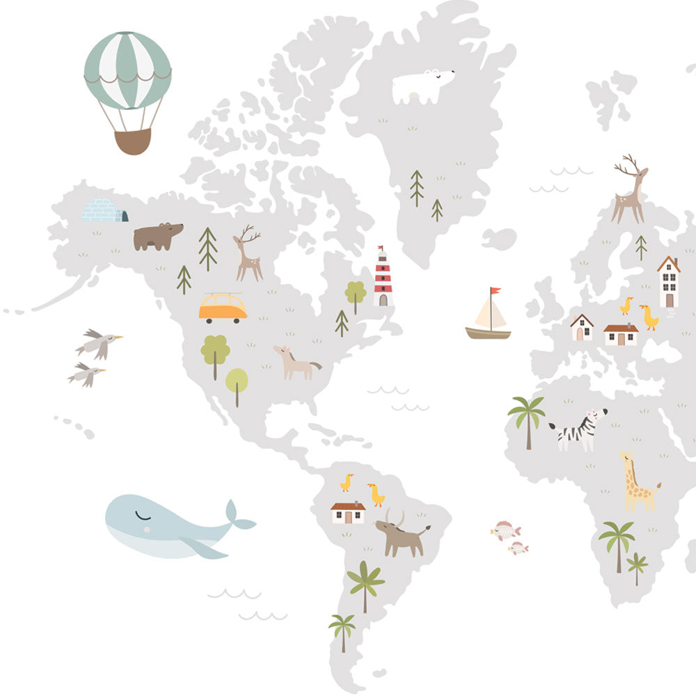 Minimal Explorer – World Map Wallpaper with Animals & Icons.
