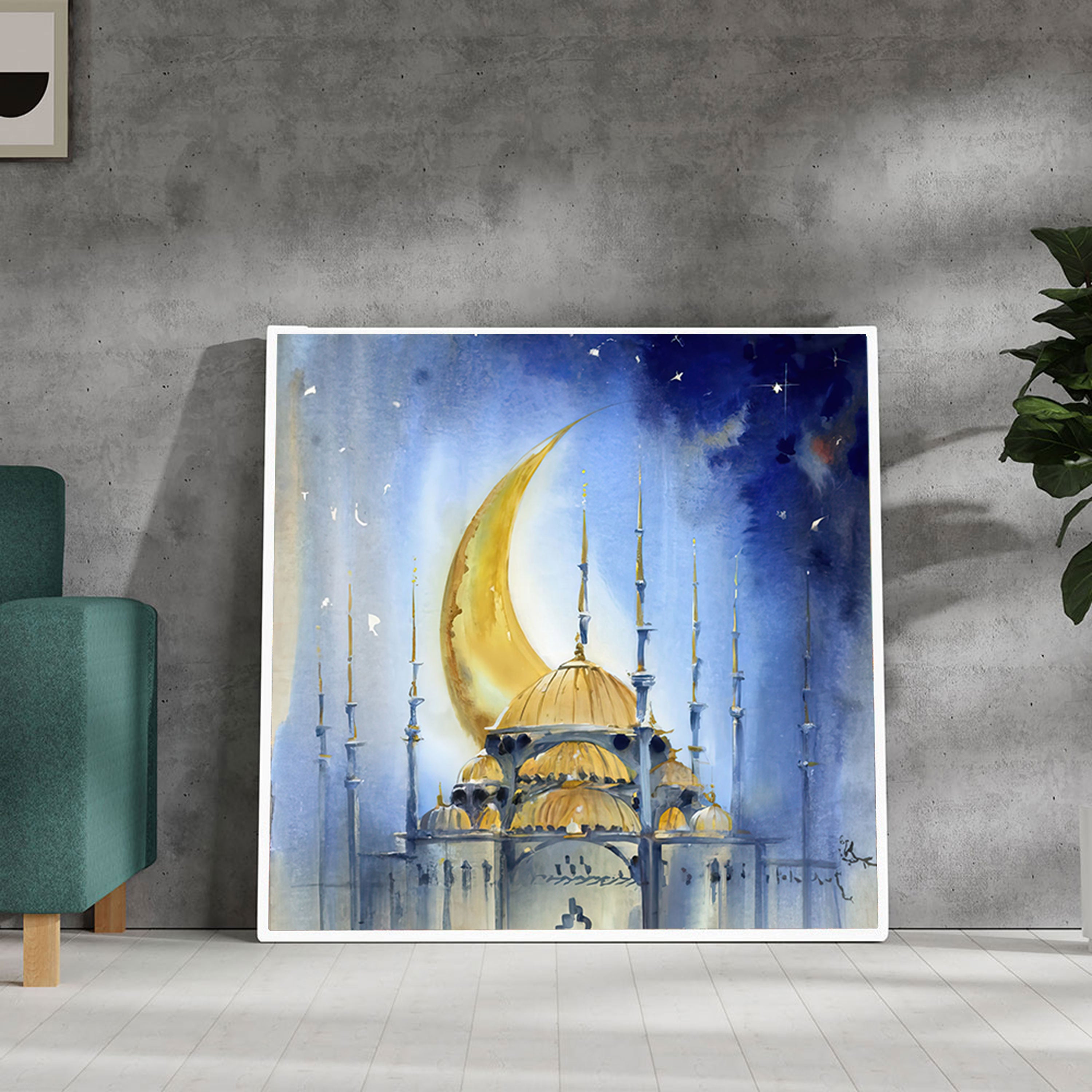 Moonlit Duas – Crescent & Mosque Spiritual Watercolor Art.