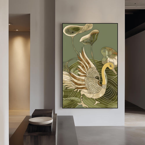 Kalamkari Peacock with Lotus Leaves  by Krutik – Modern Art Deco Nature Wall Art