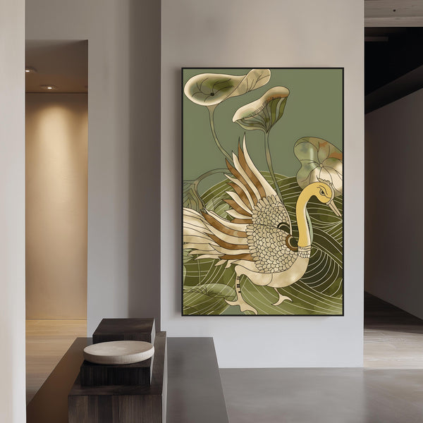 Kalamkari Peacock with Lotus Leaves  by Krutik – Modern Art Deco Nature Wall Art