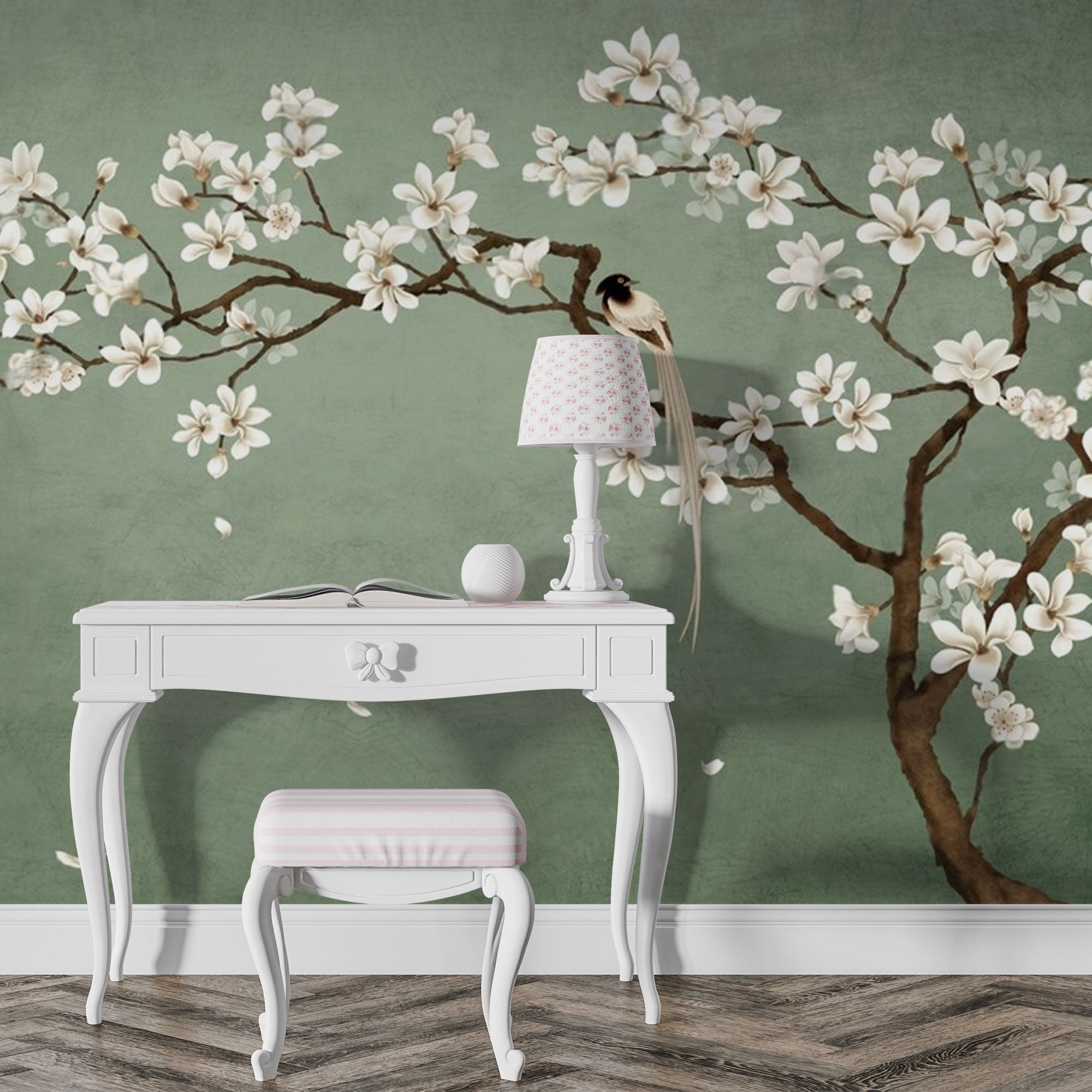 Tranquil Spring Symphony – Botanical Bird Mural Wallpaper.