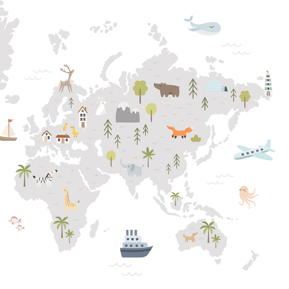 Minimal Explorer – World Map Wallpaper with Animals & Icons.