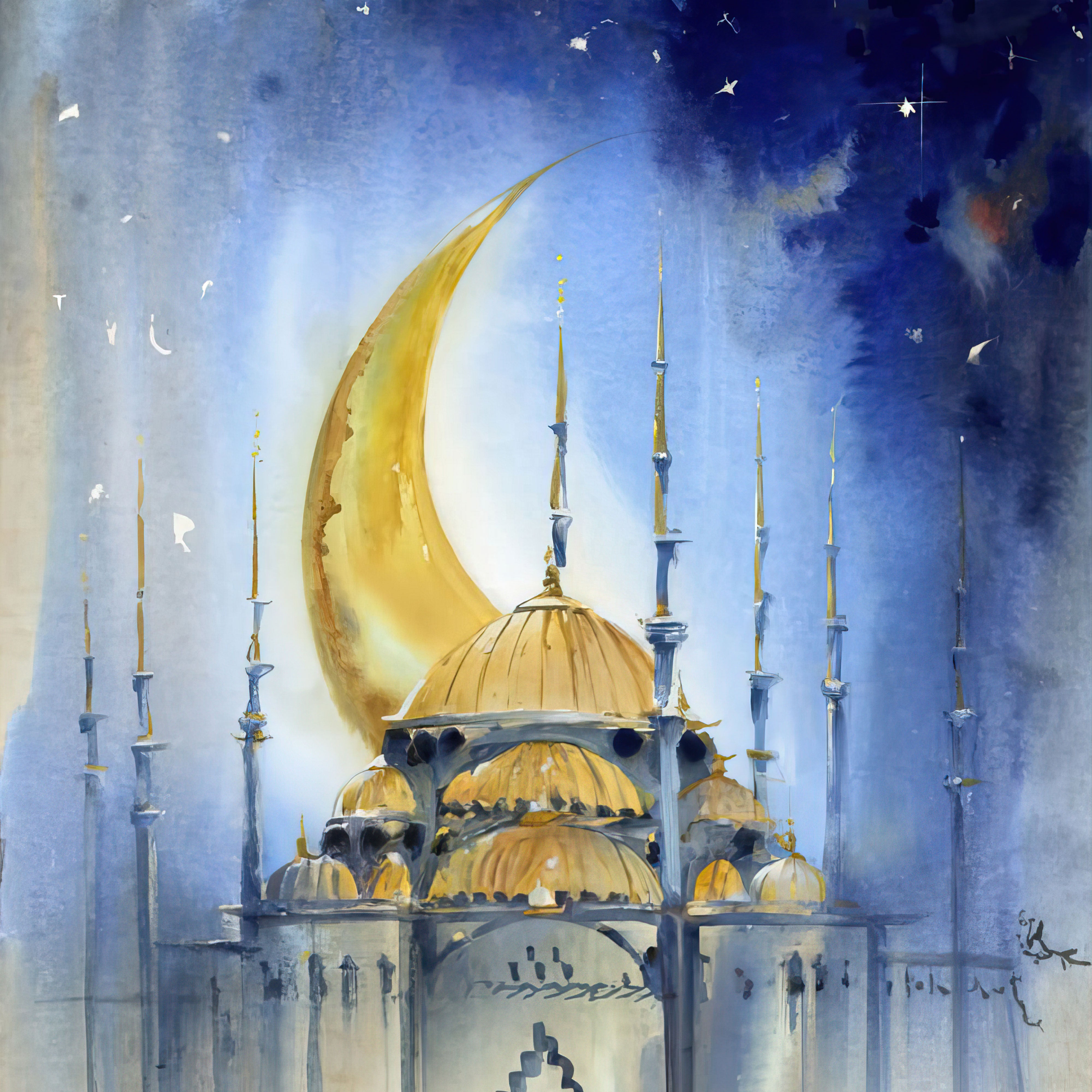 Moonlit Duas – Crescent & Mosque Spiritual Watercolor Art.