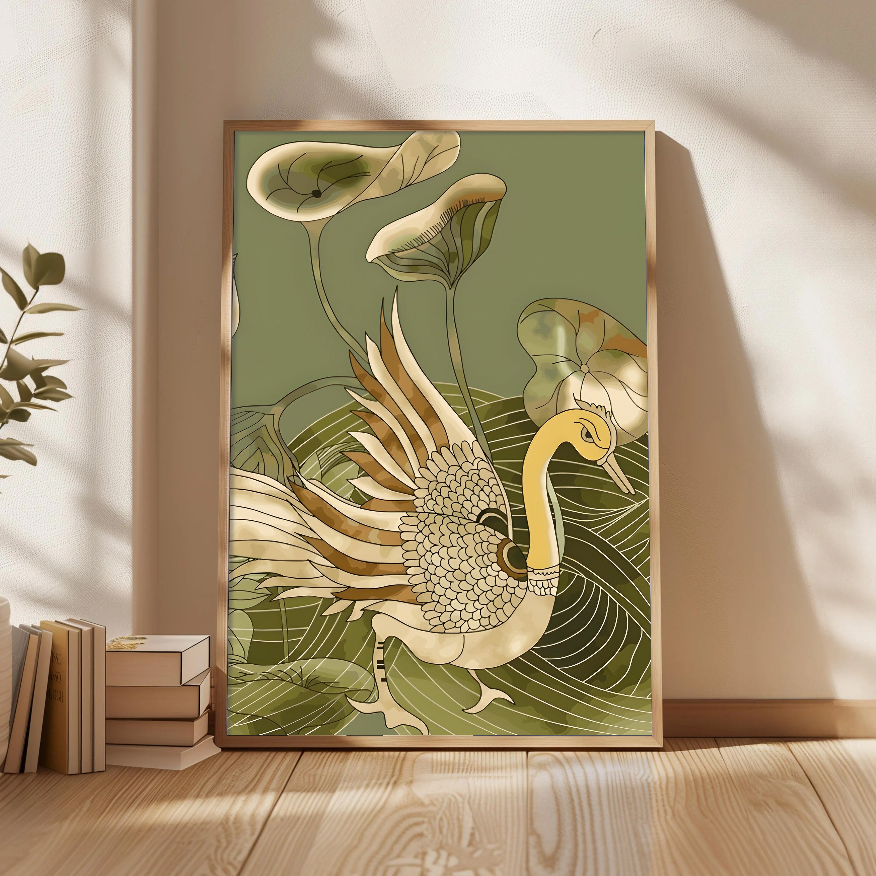 Kalamkari Peacock with Lotus Leaves  by Krutik – Modern Art Deco Nature Wall Art